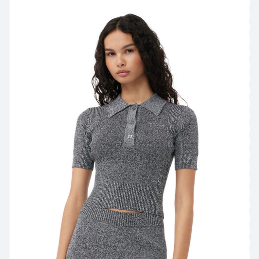 Ganni Grey Melange Rib Polo In Black